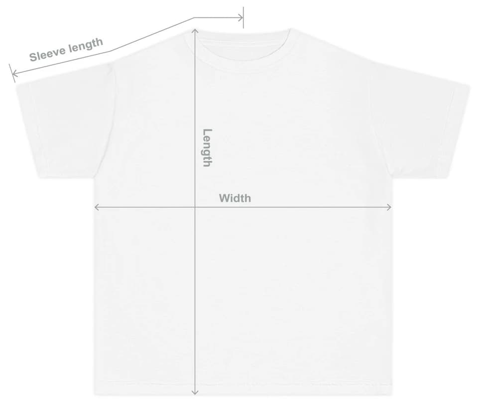 A t-shirt laid flat. Width is measured straight across the chest, length from the top of the shoulder to the hem, and sleeve length from the centre of the neck along the top of the shoulder and sleeve to the cuff.