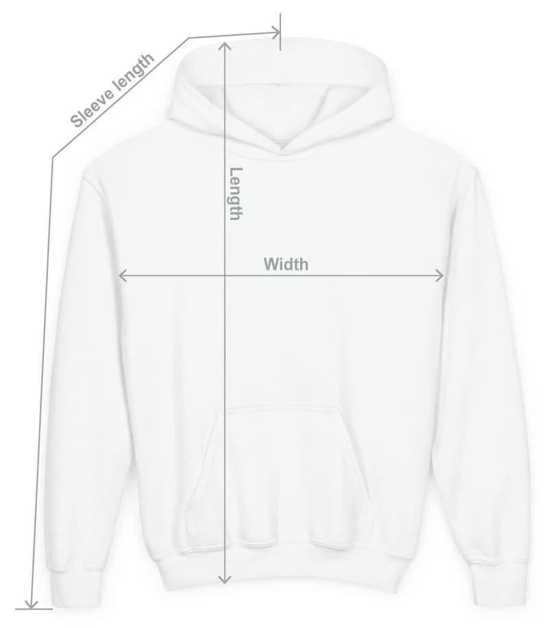 A hooded sweatshirt laid flat. Width is measured straight across the chest, length from the top of the shoulder beside the hood to the hem, and sleeve length from the centre of the neck across the shoulder and down the sleeve to the cuff.