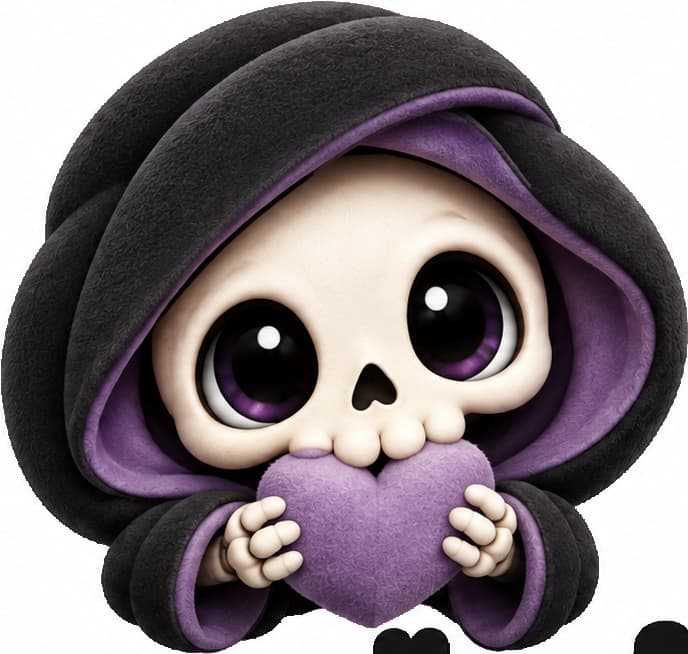 A wide-eyed little Grimling in a plum-lined hood, cuddling a purple heart.